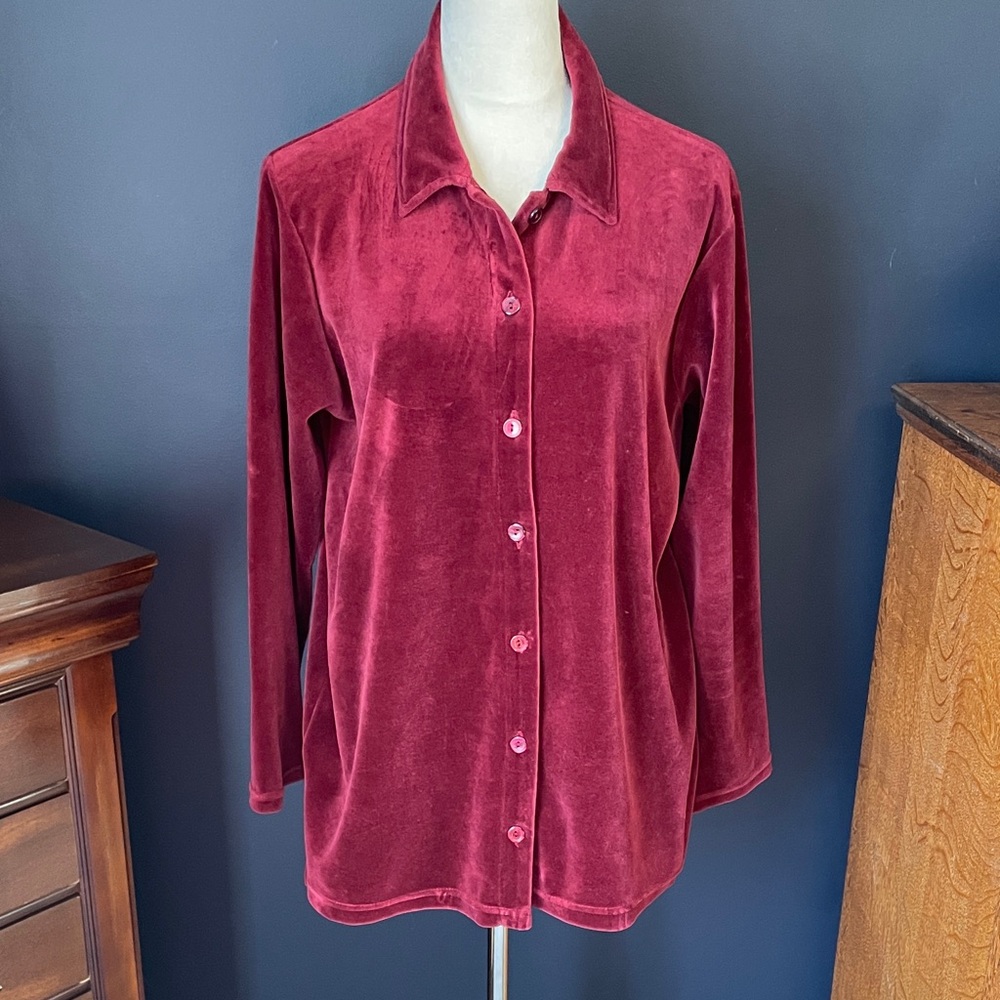 Liz Claiborne Cotton Velvet Burgundy Button-Down Shirt Size Large